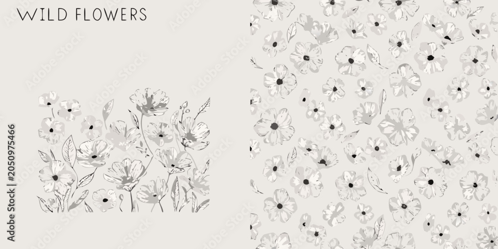 Obraz premium Wildflower botanical illustration with delicate gray tones on a light background