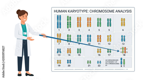 Photos Scientist explaining human karyotype chromosome analysis in medical lab