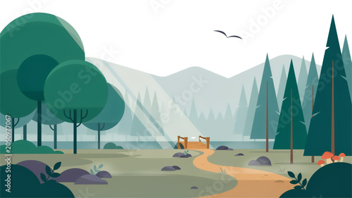 Person relaxing in a peaceful nature camping scene with mountains and forest Vector