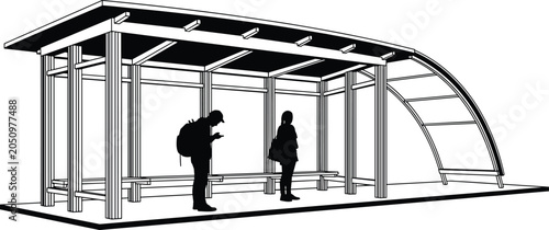 Canvastavla Bus stop shelter vector illustration with modern architecture, flat roof beams,