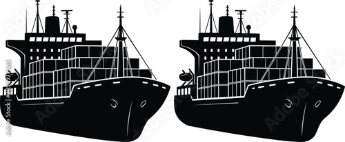 Fotografie Cargo ship vector illustration set with container vessels, maritime silhouettes,