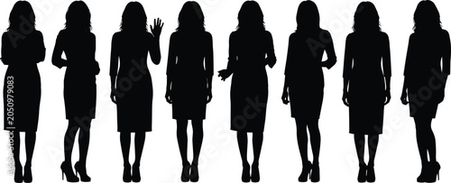 Fotografie Female silhouette vector illustration set with dress and heels, standing poses,