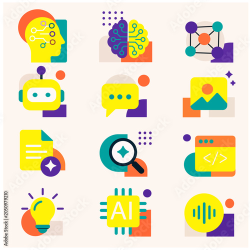 Artificial Intelligence Flat Icons Set – Machine Learning, Chatbot, Neural Network and AI Technology 