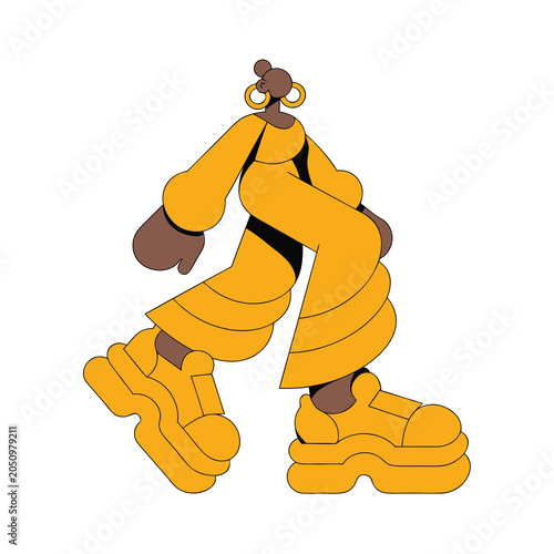Cuadro en lienzo Stylized illustration of a person walking in yellow clothes and chunky shoes