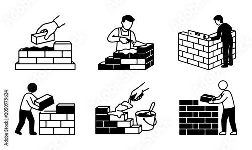 Foto Bricklaying Icons, Construction Worker Building Wall, Masonry Process, DIY Home