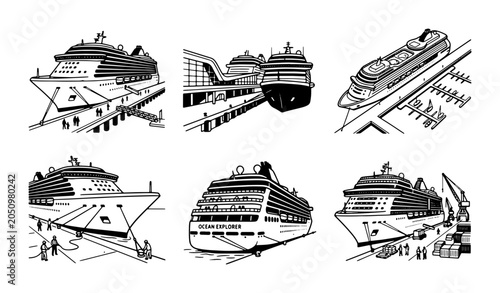 Bild auf Leinwand Cruise Ship Vector Icons, Maritime Travel, Ocean Liner Illustrations, Nautical V
