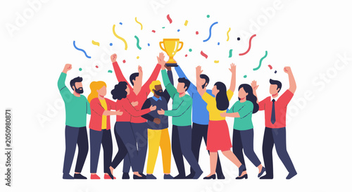 A diverse team celebrates a victory, holding a trophy aloft amidst falling confetti