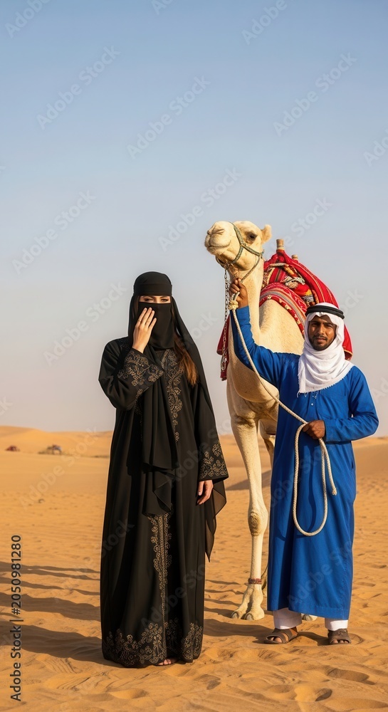 Fototapeta premium Woman in traditional dress and man holding camel in desert. Cultural experience in arid landscape.
