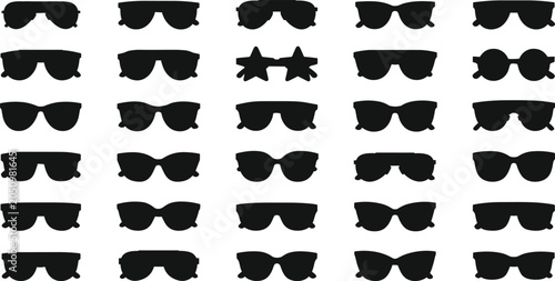 Sunglasses silhouette vector collection, eyewear fashion icons, aviator and wayfarer designs, round and cat‑eye shapes, novelty frames, flat vector illustration for style projects