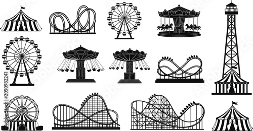 Amusement park vector illustration set with roller coasters, Ferris wheels, carousel horses, swing rides, circus tents, observation tower and entertainment motifs -flat vector illustration