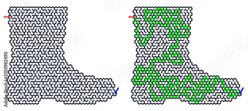 Logic game with labyrints,Maze game,Maze Puzzle foor kids,Labyrinth With Entry And Exit,Maze For Activiity Book,Puzzle Labyrinth,Maze with solu Boot pattern with outlined design and green highlights  