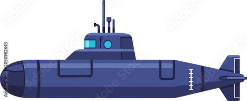 Photos Illustration of a blue submarine with periscopes and torpedoes.