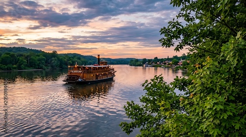 A scenic view of a vintage paddle steamer boat cruising down a calm river during a beautiful sunset with lush green trees