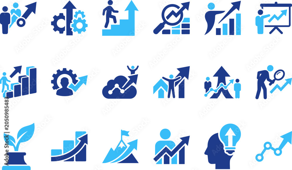 Fototapeta premium Set of blue business icons depicting growth progress and strategy with graphs people and charts.