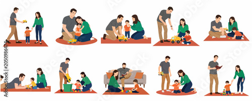 Photos Parenting Scenes and Daily Routine with Toddler Vector Illustration Set