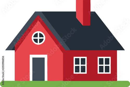 Fotografie Illustration of a Red House with Black Roof and Chimney.