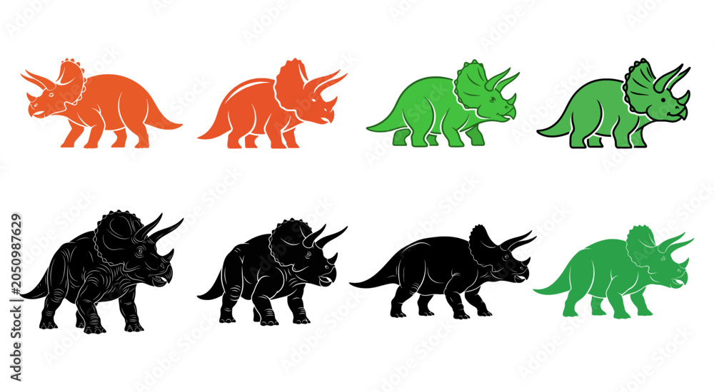 Obraz premium Triceratops Silhouette Variations In Orange Green And Black dinosaur reptile