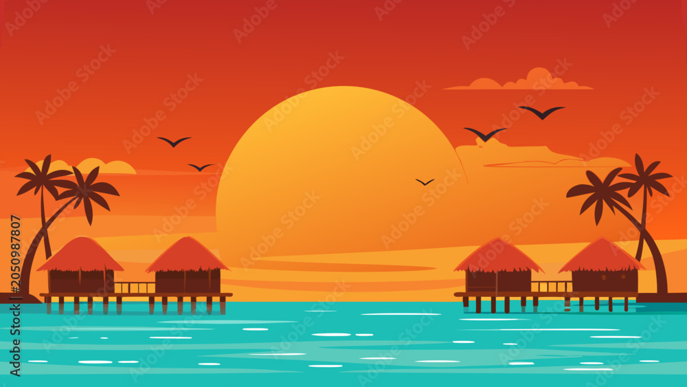 Obraz premium Tropical Landscape With Palm Trees And Huts Vector Illustration