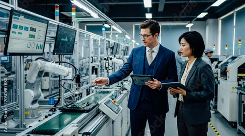 Business professionals review automated production line with robotic arm, discussing data on tablets in a modern technology factory.