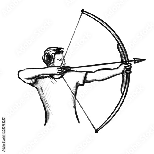 Foto Archer with bow and arrow, hand drawn illustration, black pencil, transparent PN