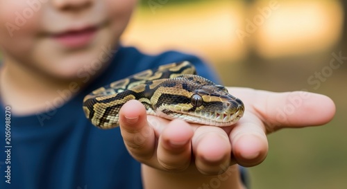 Young boy gently holds a small ball python in his open hand, showcasing the snakes intricate patterns.
