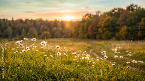 Early evening sunlight. Majestic nature daisy flowers. Golden soft green sunset colors white blossoms stunning defocused panoramic lush foliage landscape. Enchanting autumn forest closeup meadow flora