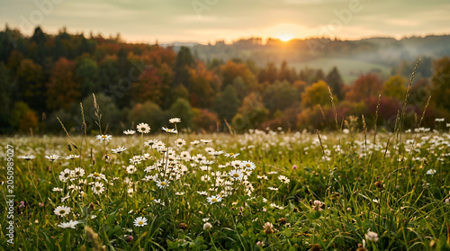 Early evening sunlight. Majestic nature daisy flowers. Golden soft green sunset colors white blossoms stunning defocused panoramic lush foliage landscape. Enchanting autumn forest closeup meadow flora