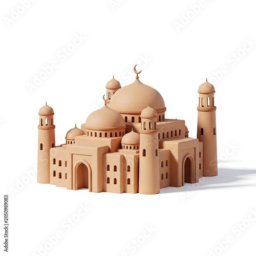 3D Rendered Clay Mosque Model on White Background.