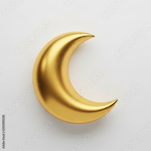 Golden Crescent Moon on White Background 3D Render.