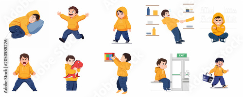 Schilderij op canvas Vector set of a little boy character exhibiting diverse emotions and behaviors,