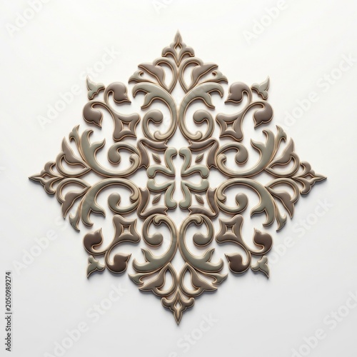 Intricate Ornate Decorative Element with Symmetrical Floral and Scrollwork Design on White Background.