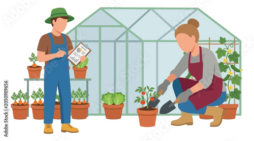 Bild auf Leinwand Gardeners Working In Greenhouse Flat Vector Illustration