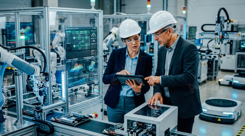 Mature male engineer and female colleague reviewing tablet data in automated factory, focusing on industrial robotics and process optimization.