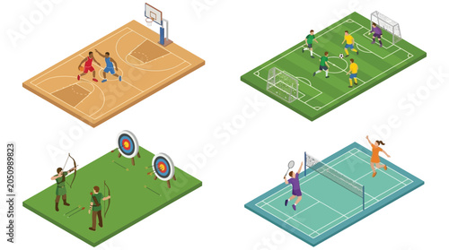 Foto Isometric sports scenes with basketball soccer archery and badminton