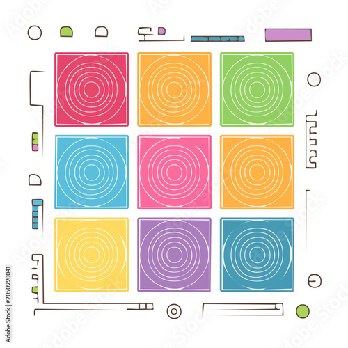 Colorful grid of squares with concentric circles