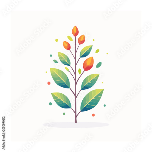 Flat design illustration of a plant with green leaves and orange buds