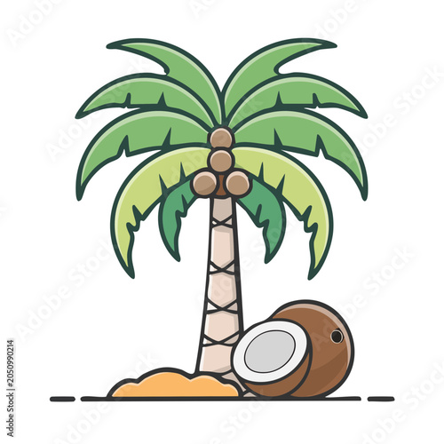 Flat design illustration of a palm tree with coconuts and sand