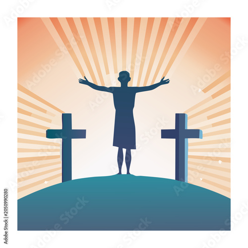 Man with arms outstretched between two crosses with radiant background
