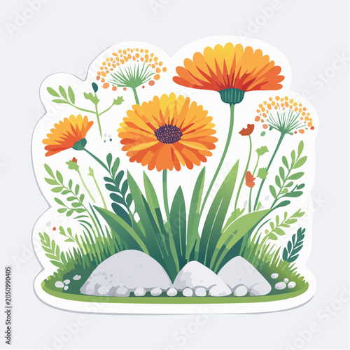 Vibrant Orange Flowers and Greenery Sticker Design