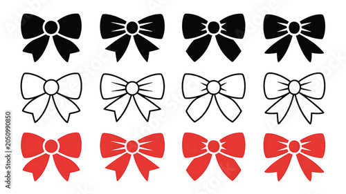 A collection of colorful bow designs in black, white, and red are displayed.