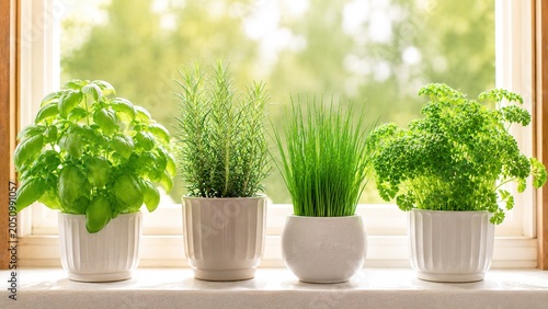 Growing fresh herbs indoor gardening techniques for beginners kitchen window image of potted plants natural light close-up view home gardening concepts