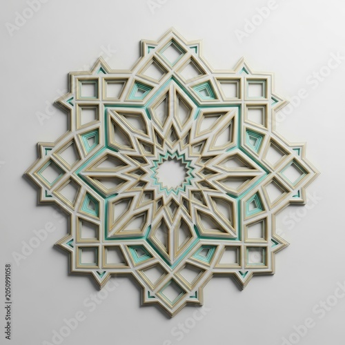 Intricate Geometric Islamic Art Pattern with Layered Design and Subtle Green Tones.
