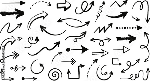 Hand drawn arrow collection featuring various shapes styles and directions isolated on a white background for creative design projects