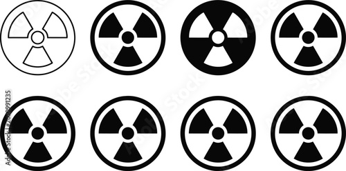 Radiation symbol icons set featuring various black and white graphic styles for nuclear energy safety warning signs and industrial design