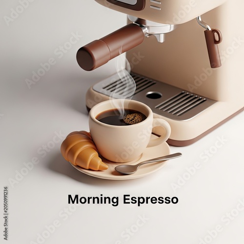 Morning Espresso with Croissant and Coffee Machine on White Background.
