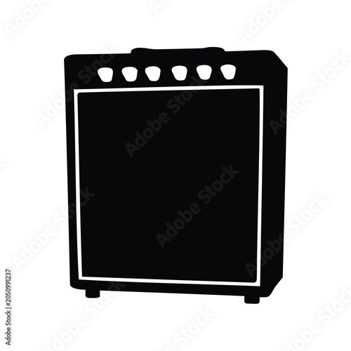 Stylized graphic representation of a vintage tube guitar amplifier in black and white