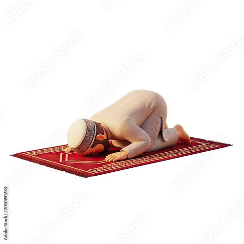 Muslim Man Praying on Red Prayer Mat in Prostration.