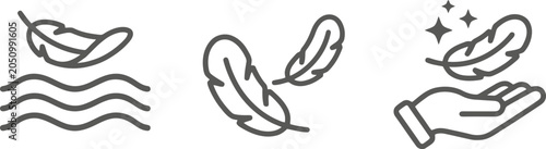 Feather icon set featuring floating plumes and hand gestures in a clean minimalist vector style for modern graphic design projects