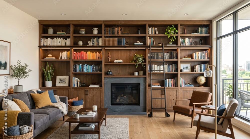 Obraz premium Modern living room with a large wooden bookshelf and a fireplace
