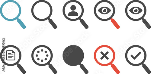 Magnifying glass icons set featuring various search symbols including user eye document loading cross and check mark flat design